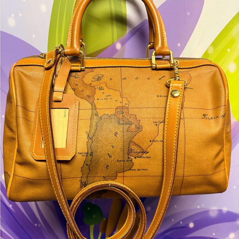 Alviero Martini Cognac Map-Print Satchel with Detachable Strap